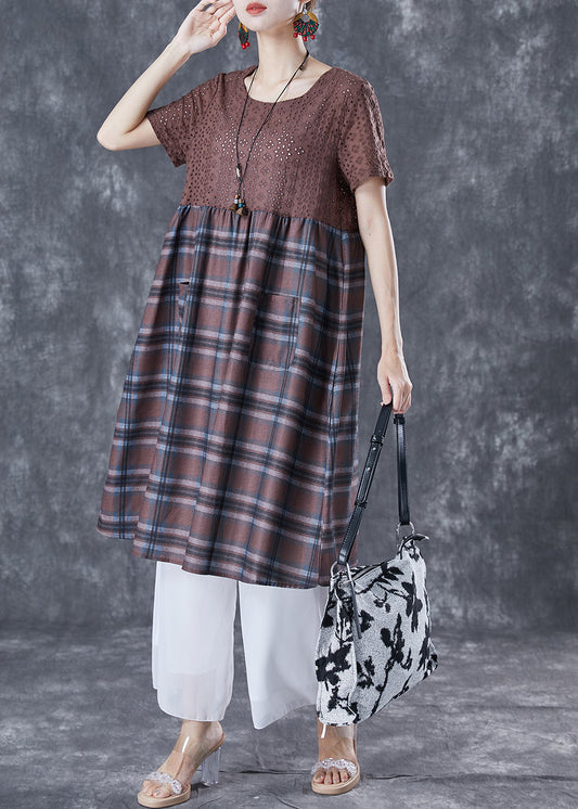 Unique Coffee Hollow Out Patchwork Plaid Cotton Dresses Summer TA1044 - fabuloryshop