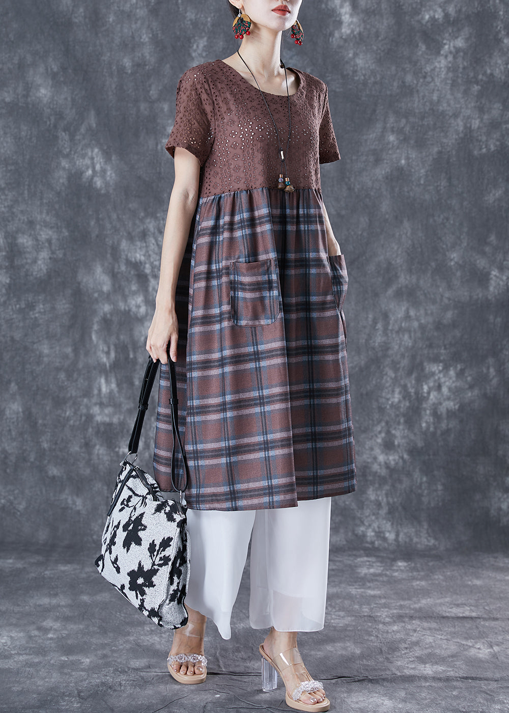 Unique Coffee Hollow Out Patchwork Plaid Cotton Dresses Summer TA1044 - fabuloryshop