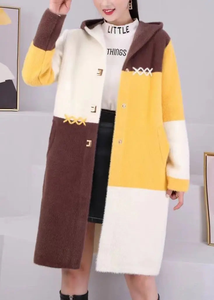 Unique Coffee Hooded Pockets Patchwork Mink Hair Knitted Coats Fall Ada Fashion