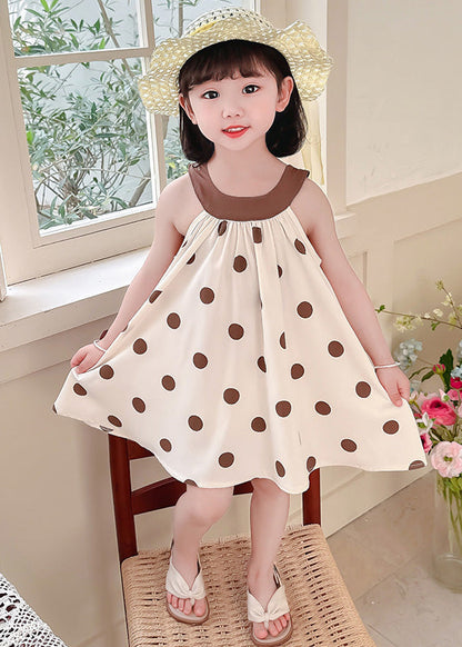 Unique Coffee O-Neck Dot Print Wrinkled Kids Chiffon Strap Dress Summer LY6378 - fabuloryshop