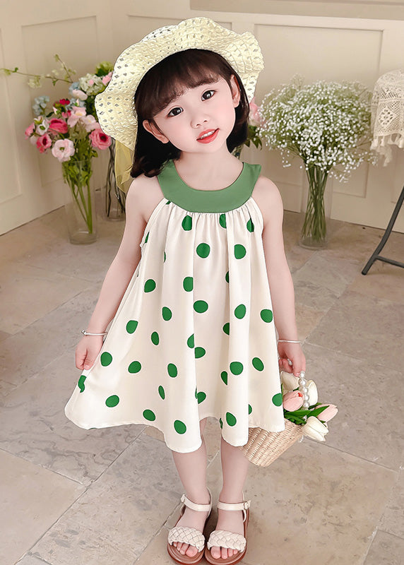 Unique Coffee O-Neck Dot Print Wrinkled Kids Chiffon Strap Dress Summer LY6378 - fabuloryshop