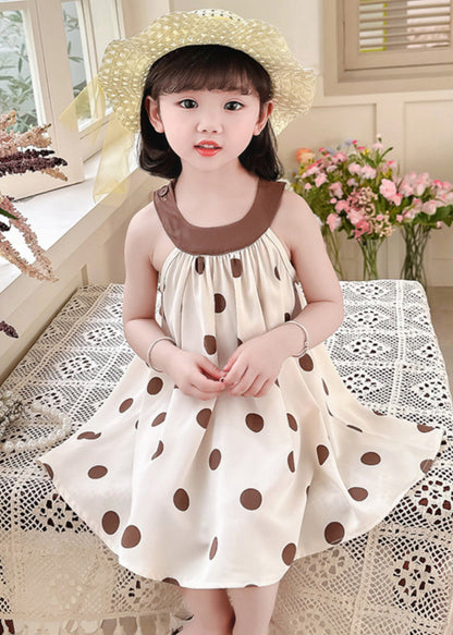 Unique Coffee O-Neck Dot Print Wrinkled Kids Chiffon Strap Dress Summer LY6378 - fabuloryshop