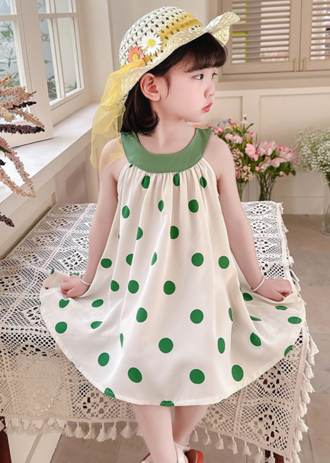 Unique Coffee O-Neck Dot Print Wrinkled Kids Chiffon Strap Dress Summer LY6378 - fabuloryshop