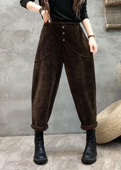 Unique Coffee Pockets Patchwork Elastic Waist Button Harem Pants Fall Ada Fashion