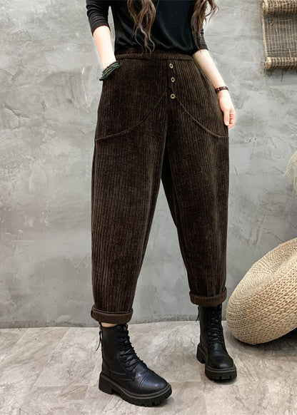 Unique Coffee Pockets Patchwork Elastic Waist Button Harem Pants Fall Ada Fashion