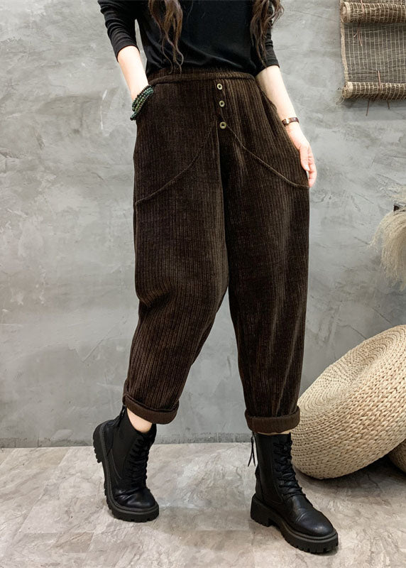 Unique Coffee Pockets Patchwork Elastic Waist Button Harem Pants Fall Ada Fashion