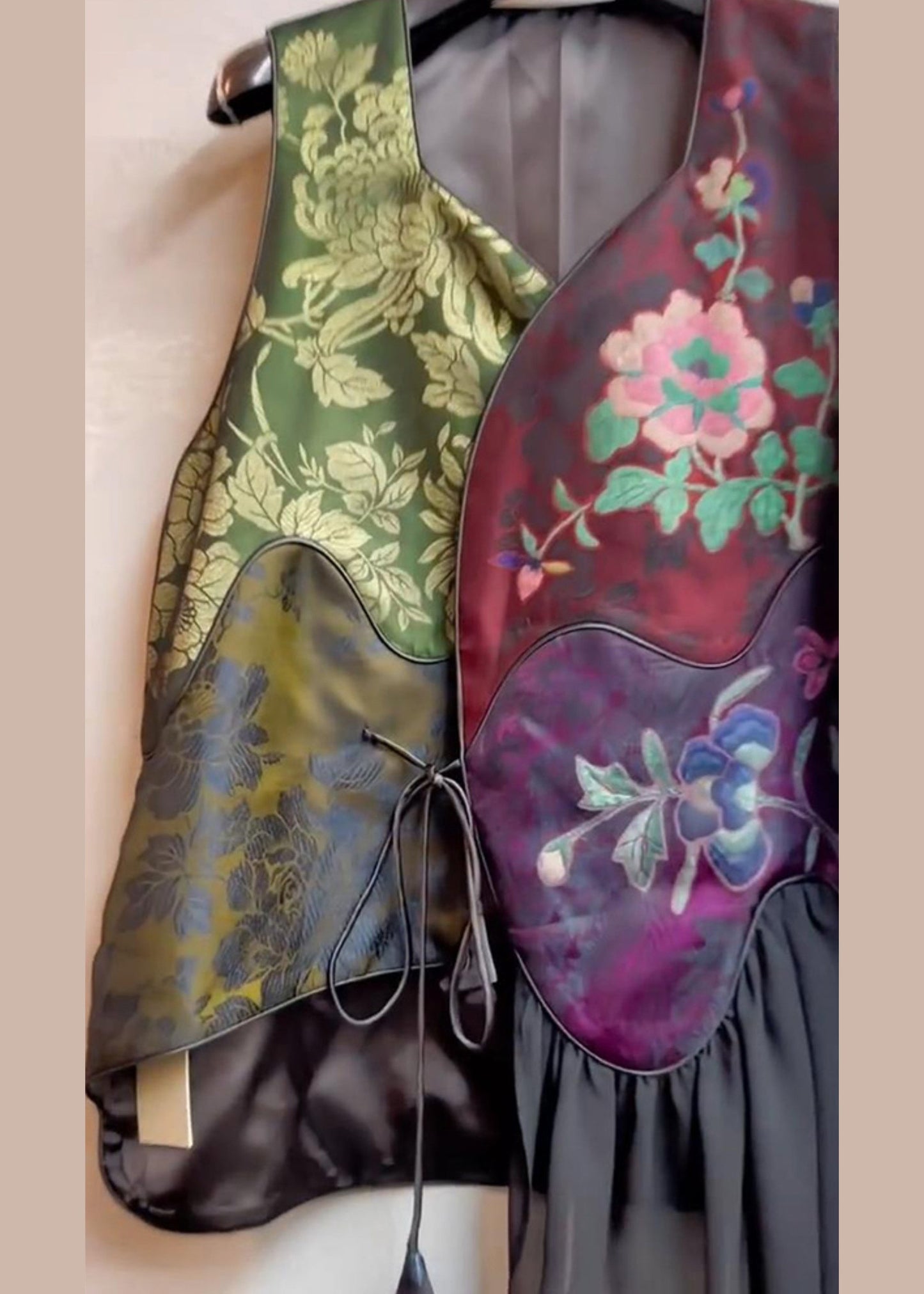 Unique Colorblock Asymmetrical Print Lace Up Patchwork Silk Waistcoat Sleeveless Ada Fashion