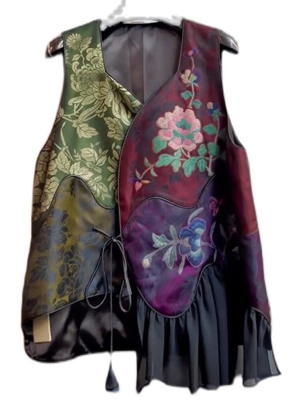 Unique Colorblock Asymmetrical Print Lace Up Patchwork Silk Waistcoat Sleeveless Ada Fashion