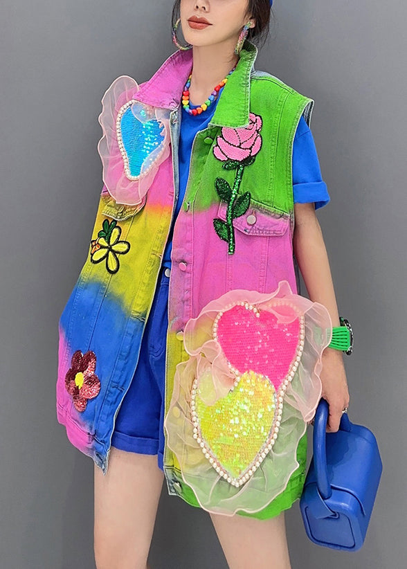 Unique Colorblock Peter Pan Collar Sequins Patchwork Denim Top Sleeveless Ada Fashion