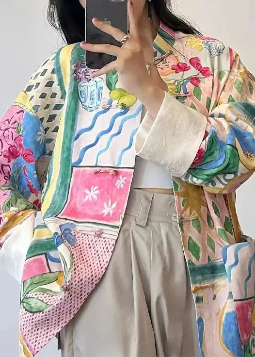 Unique Colorblock Print Pockets Patchwork Cotton Tops Fall Ada Fashion