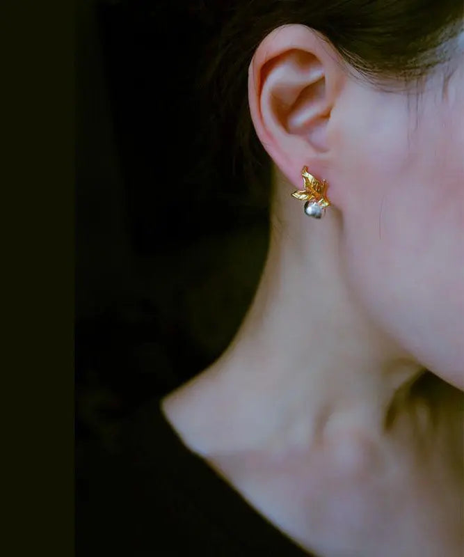 Unique Colorblock Sterling Silver Overgild Leaf Stud Earrings Ada Fashion