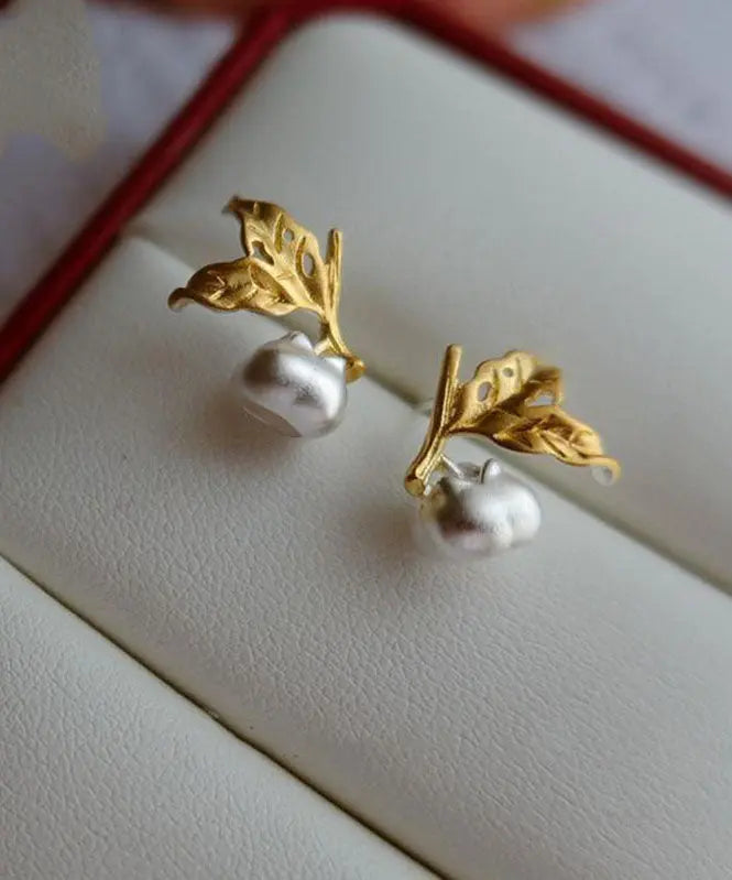 Unique Colorblock Sterling Silver Overgild Leaf Stud Earrings Ada Fashion