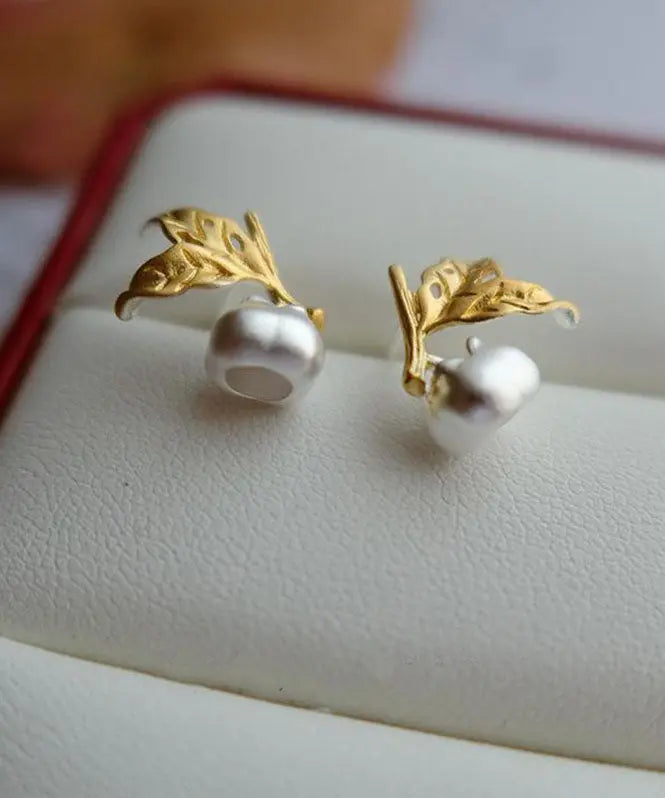 Unique Colorblock Sterling Silver Overgild Leaf Stud Earrings Ada Fashion