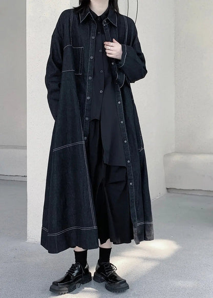 Unique Dark Blue Peter Pan Collar Patchwork Pockets Maxi Denim Trench Coats Long Sleeve Ada Fashion