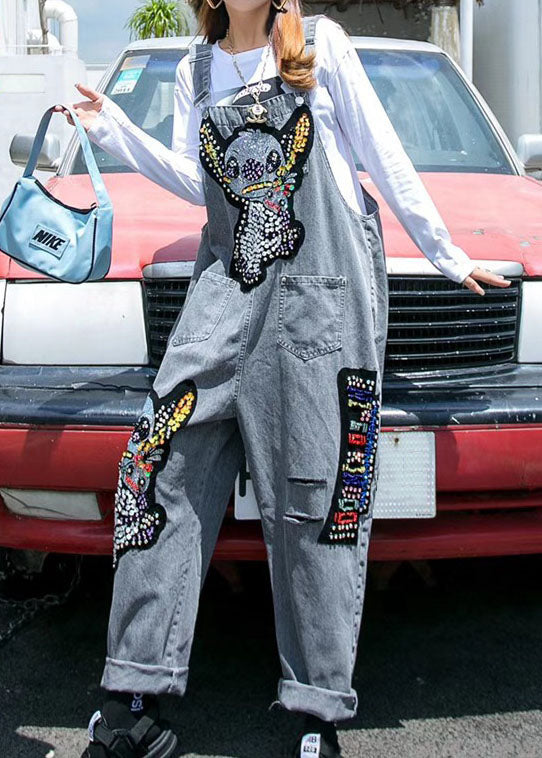 Unique Dark Grey Nail Bead Cartoon Sequins Patchwork Denim Wide Leg Jumpsuit Spring LY5221 - fabuloryshop