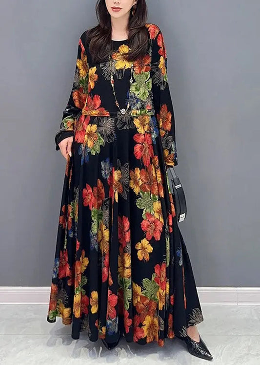 Unique Floral O Neck Wrinkled Patchwork Cotton Long Dress Fall Ada Fashion