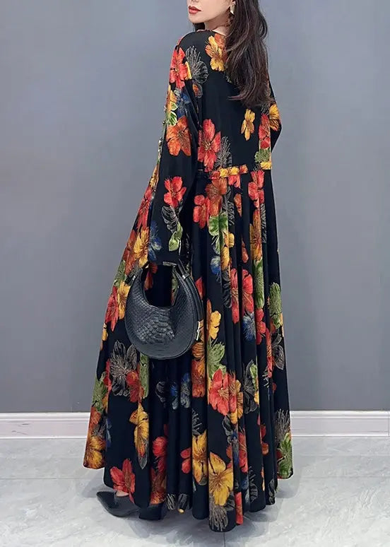 Unique Floral O Neck Wrinkled Patchwork Cotton Long Dress Fall Ada Fashion