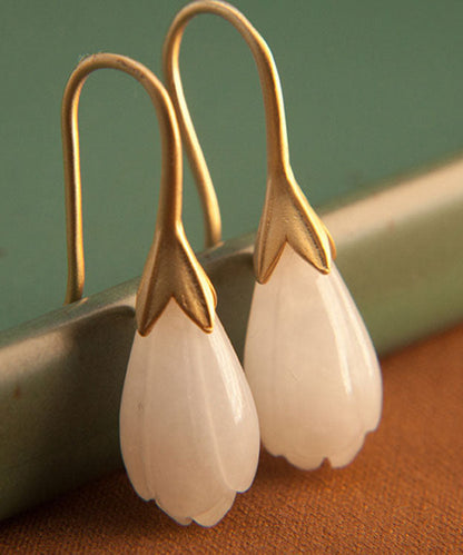 Unique Gold Sterling Silver Inlaid White Jade Drop Earrings TW1024 - fabuloryshop