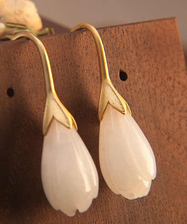 Unique Gold Sterling Silver Inlaid White Jade Drop Earrings TW1024 - fabuloryshop
