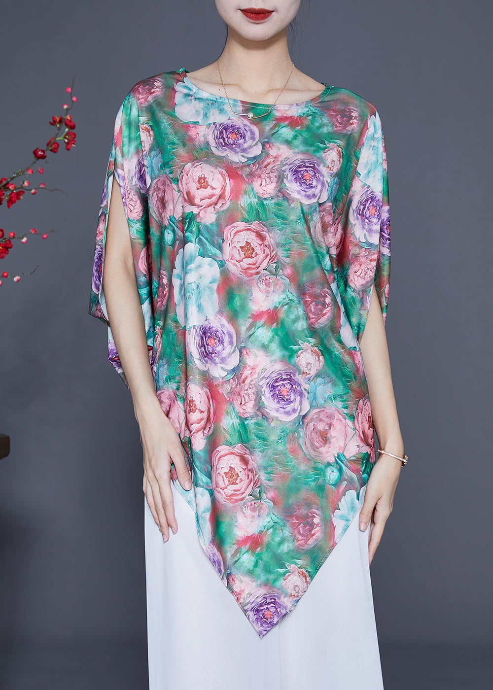 Unique Green Asymmetrical Floral Print Silk Tank Batwing Sleeve LY1768 - fabuloryshop