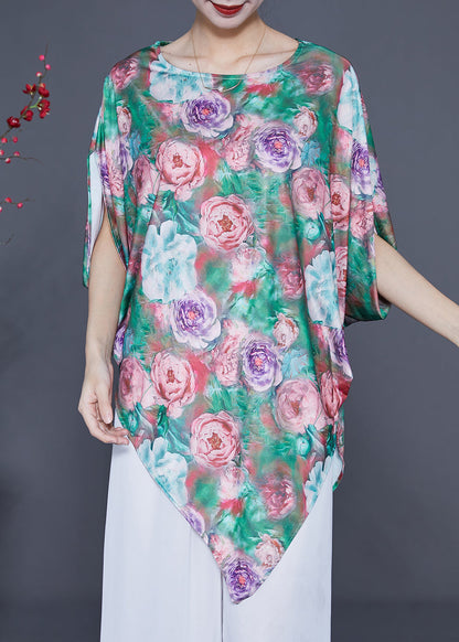 Unique Green Asymmetrical Floral Print Silk Tank Batwing Sleeve LY1768 - fabuloryshop