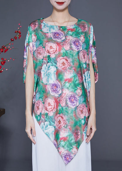 Unique Green Asymmetrical Floral Print Silk Tank Batwing Sleeve LY1768 - fabuloryshop