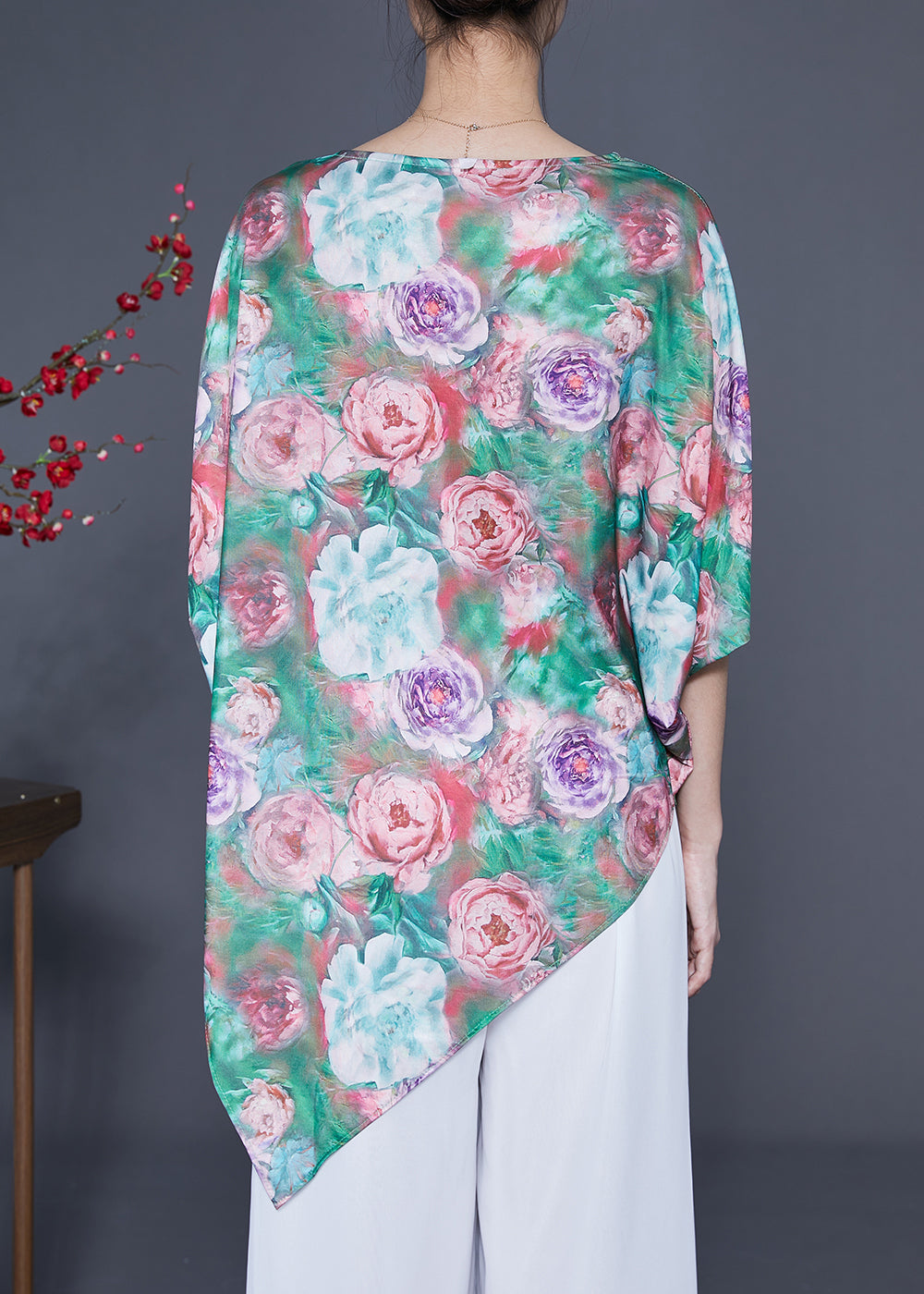 Unique Green Asymmetrical Floral Print Silk Tank Batwing Sleeve LY1768 - fabuloryshop