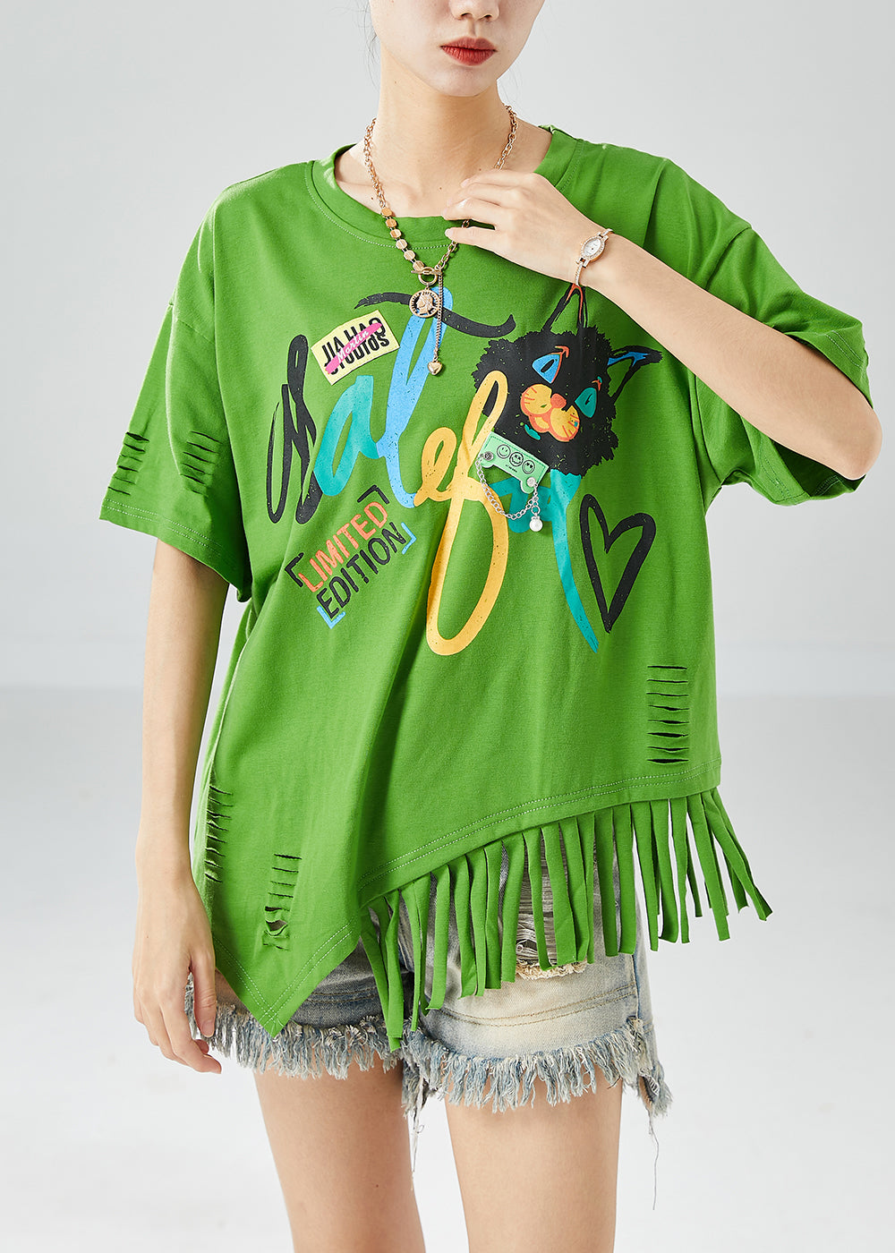 Unique Green Asymmetrical Tassel Print Cotton Ripped Tops Summer LY6151 - fabuloryshop