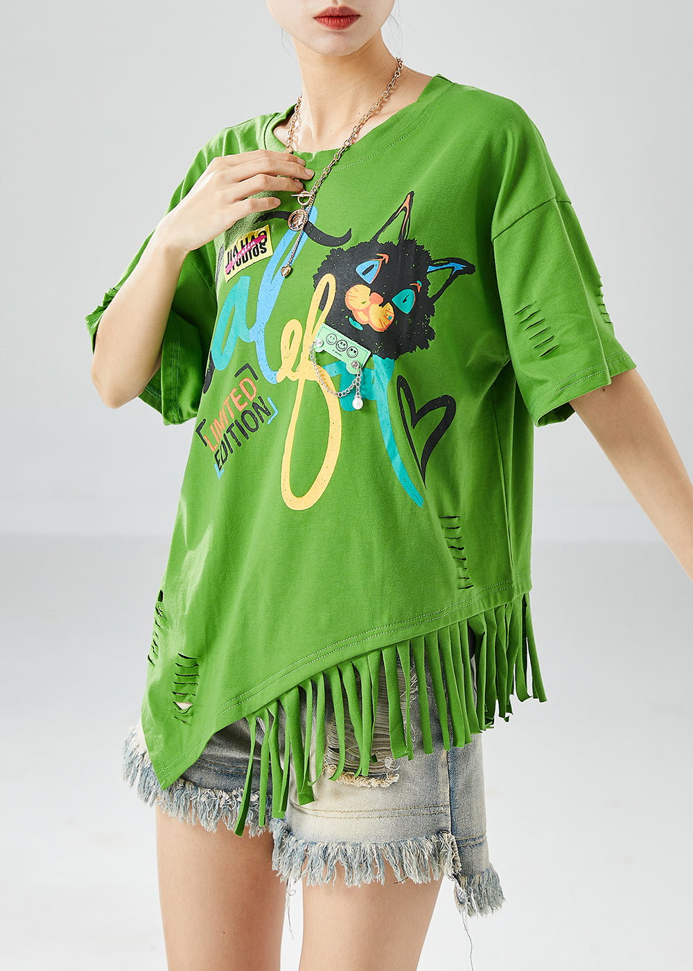 Unique Green Asymmetrical Tassel Print Cotton Ripped Tops Summer LY6151 - fabuloryshop