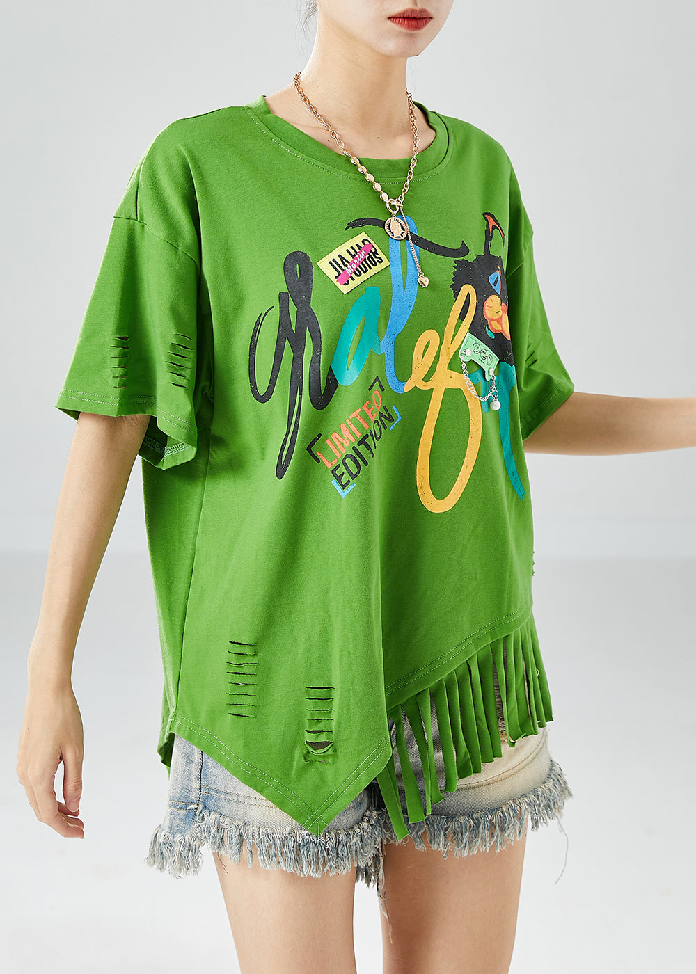 Unique Green Asymmetrical Tassel Print Cotton Ripped Tops Summer LY6151 - fabuloryshop