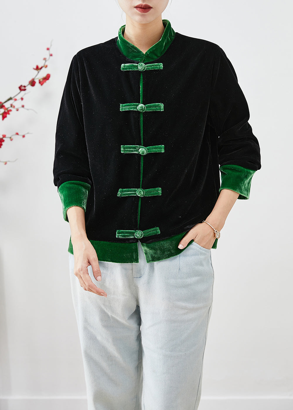 Unique Green Chinese Button Patchwork Silk Velour Jackets Fall Ada Fashion