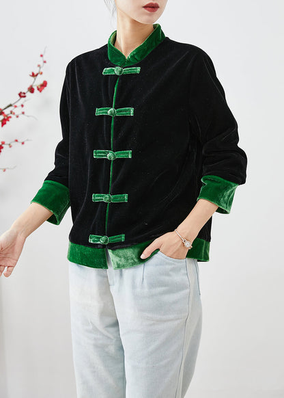 Unique Green Chinese Button Patchwork Silk Velour Jackets Fall Ada Fashion