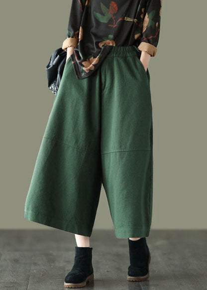 Unique Green Elastic Waist Patchwork Cotton Wide Leg Pants Spring TG1047 - fabuloryshop