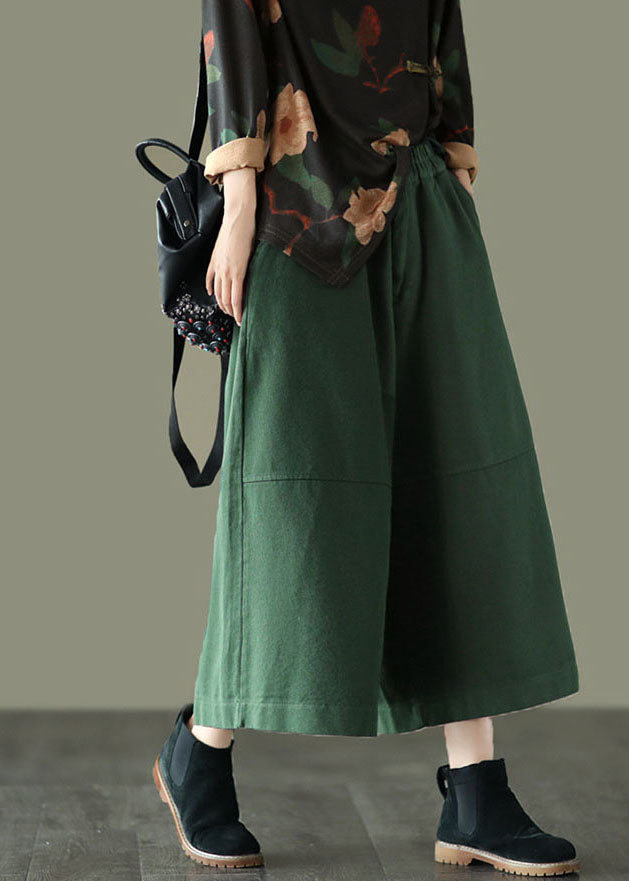 Unique Green Elastic Waist Patchwork Cotton Wide Leg Pants Spring TG1047 - fabuloryshop