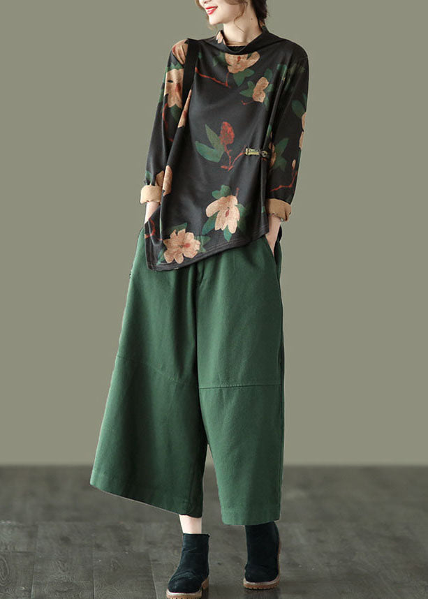 Unique Green Elastic Waist Patchwork Cotton Wide Leg Pants Spring TG1047 - fabuloryshop