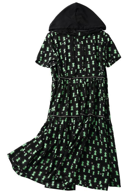 Unique Green Hooded Print Patchwork Chiffon Dresses Summer LY3829 - fabuloryshop