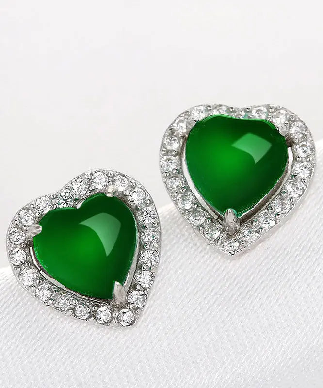 Unique Green Inlaid Gem Stone Zircon Love Stud Earrings Ada Fashion