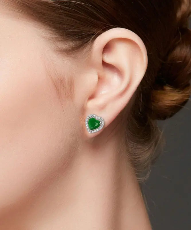 Unique Green Inlaid Gem Stone Zircon Love Stud Earrings Ada Fashion