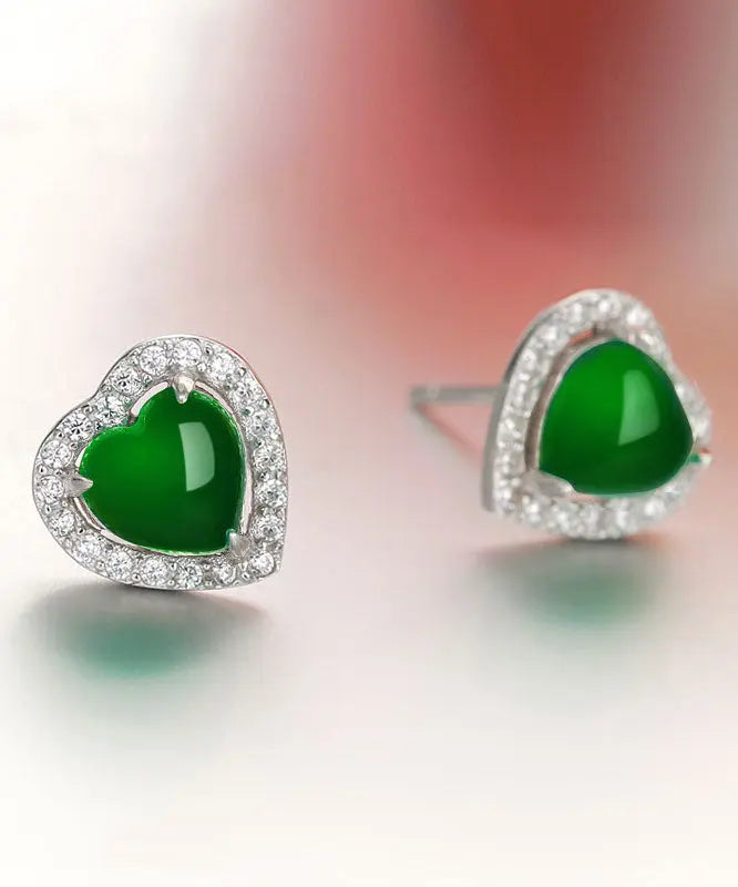 Unique Green Inlaid Gem Stone Zircon Love Stud Earrings Ada Fashion