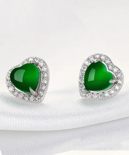 Unique Green Inlaid Gem Stone Zircon Love Stud Earrings Ada Fashion