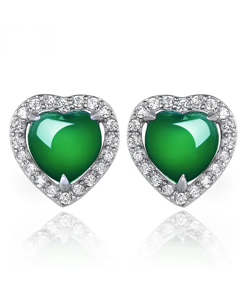 Unique Green Inlaid Gem Stone Zircon Love Stud Earrings Ada Fashion