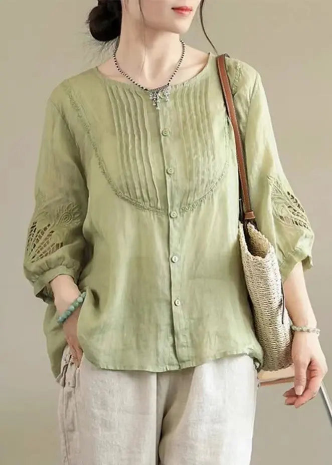 Unique Green O-Nec Embroideried Wrinkled Ramie Top Fall Ada Fashion