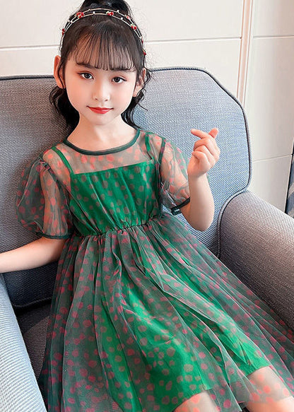 Unique Green O-Neck Dot Patchwork Tulle Girls Long Dress Summer LY6432 - fabuloryshop