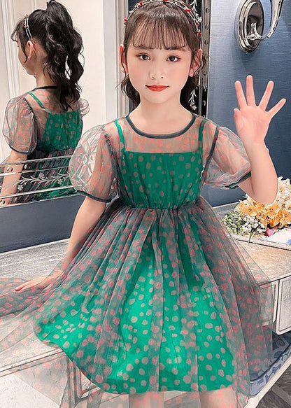 Unique Green O-Neck Dot Patchwork Tulle Girls Long Dress Summer LY6432 - fabuloryshop