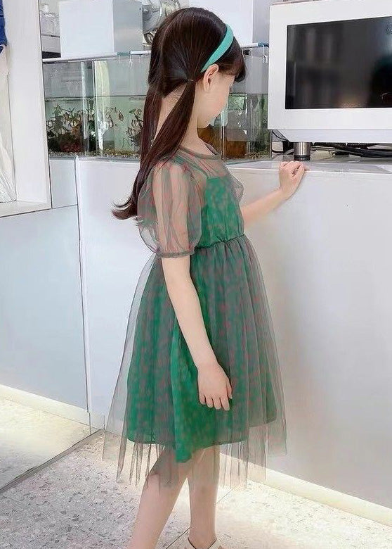 Unique Green O-Neck Dot Patchwork Tulle Girls Long Dress Summer LY6432 - fabuloryshop