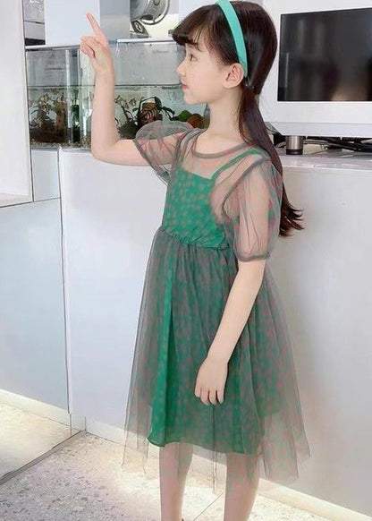 Unique Green O-Neck Dot Patchwork Tulle Girls Long Dress Summer LY6432 - fabuloryshop