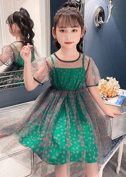 Unique Green O-Neck Dot Patchwork Tulle Girls Long Dress Summer LY6432 - fabuloryshop