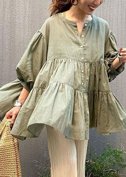 Unique Green O Neck Wrinkled Patchwork Chiffon Top Half Sleeve LY2179 - fabuloryshop