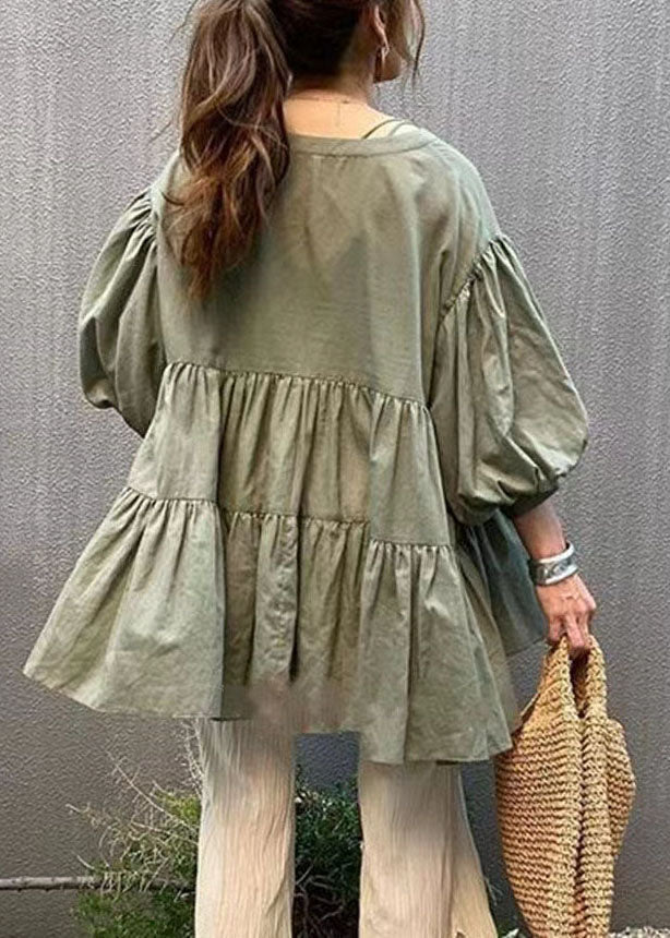 Unique Green O Neck Wrinkled Patchwork Chiffon Top Half Sleeve LY2179 - fabuloryshop