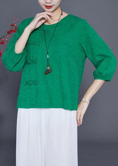 Unique Green Oversized Chinese Button Cotton Shirt Bracelet Sleeve LY3666 - fabuloryshop